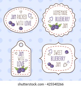Paper label with blueberry; package design with hand drawn sketch fresh berries; vector illustration for organic food, homemade preserves and jam
