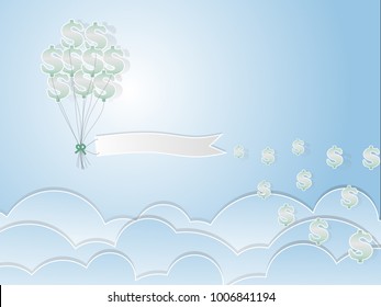 Paper label hanging with dollar balloon,business management concept and paper art idea, vector art and illustration.