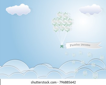 Paper label hanging with dollar sing balloon,business management passive income concept and paper art idea, vector art and illustration.