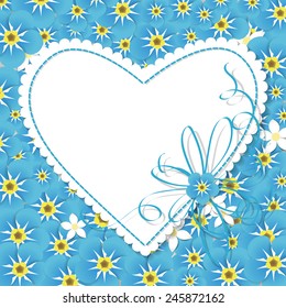Paper label in shape of heart with blue stitching and ribbon over background covered with forget me not flowers. valentine's day illustration.