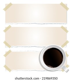 paper labels attached with sticky tape and coffee on white background 