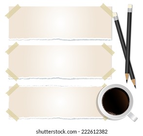 paper labels attached with sticky tape, pencils and coffee on white background 