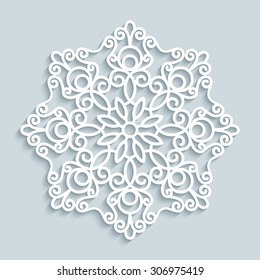 Paper lace doily, decorative snowflake, mandala, round crochet ornament, vector eps10