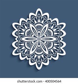 Paper lace doily, decorative snowflake, mandala, round crochet ornament, vector eps10