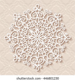 Paper lace doily, decorative snowflake, mandala, round tulle pattern, vector crochet ornament, eps10