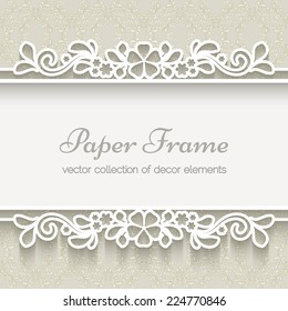 Paper lace frame over ornamental beige background, vector eps10