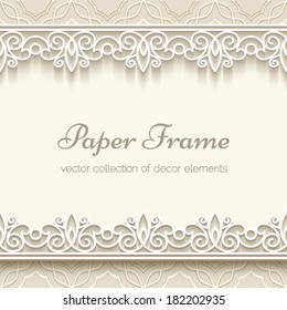 Paper lace frame with seamless borders over ornamental beige background, vector eps10