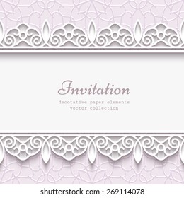 Paper lace frame with seamless borders over pale ornamental background, vector eps10