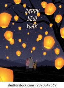 Paper lamps floating at night in starry sky background. Traditional design elements for Happy New Year, Mid Autumn Festival. Chinese Wish lanterns, Family. Hand drawn style. Flat vector illustration.
