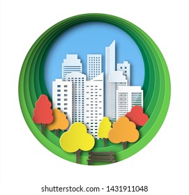 Paper landscape art style in autumnal city and park. Layered design outdoor recreation. Bench by the tree. Abstract circular background with skyscrapers and colorful trees.