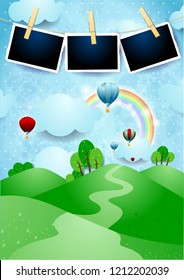 Paper landscape with hills, balloons and photo frames. Vector illustration eps10