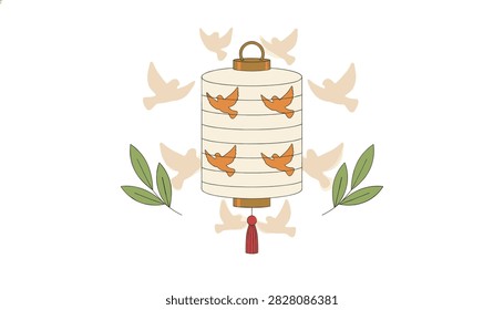 Paper lantern decorated with peace doves surrounded by flying white birds and olive branches
