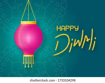 Linterna de papel con fuego cuelga sobre el fondo verde rangoli. Pancarta de concepto feliz diwali con letras y linterna de vacaciones