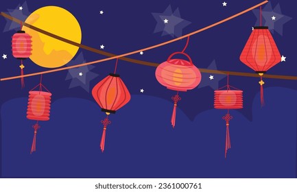 Paper lantern with moon by night vector illustration. Mid autumn festival concept. Traditional chinese or asian lantern. Handmade paper lamp. Flat vector in cartoon style isolated on white background.