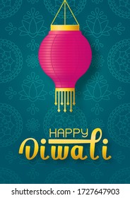 Paper lantern on green background rangoli. Vertical banner happy diwali lettering with paper lamp