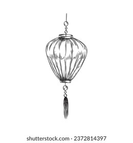 Paper lantern with tassel, vector illustrations, isolated on white. Traditional vintage asian element in sketch style. Japanese or Chinese decoration. Hand drawn in black and white engraving style.