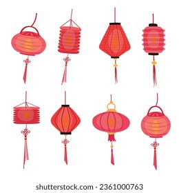 Paper lantern vector illustration set. Mid autumn festival concept. Traditional chinese or asian lantern. Handmade paper lamp. Flat vector in cartoon style isolated on white background.