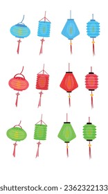Paper lantern vector illustration set. Mid autumn festival concept. Traditional chinese or asian lantern. Handmade paper lamp. Flat vector in cartoon style isolated on white background.