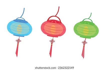Paper lantern vector illustration set. Mid autumn festival concept. Traditional chinese or asian lantern. Handmade paper lamp. Flat vector in cartoon style isolated on white background.
