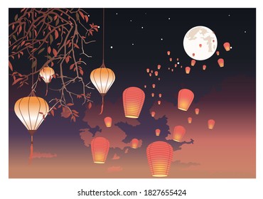 Paper lanterns with flames fly into the night sky. Color vector illustration