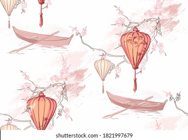 paper lanterns nature landscape view vector sketch illustration japanese chinese oriental line art ink seamless