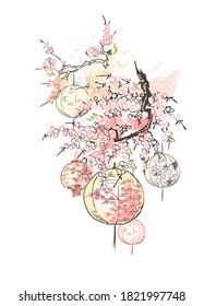 paper lanterns nature landscape view vector sketch illustration japanese chinese oriental line art ink card