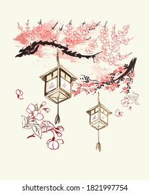 paper lanterns nature landscape view vector sketch illustration japanese chinese oriental line art ink card