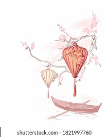 paper lanterns nature landscape view vector sketch illustration japanese chinese oriental line art ink card