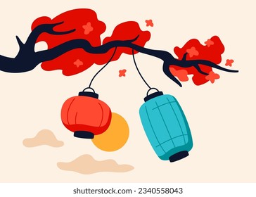 Paper lanterns on a branch - modern colored vector illustration with sakura and traditional japanese decor. The mood of antiquity and commitment to oriental traditions. World culture and heritage