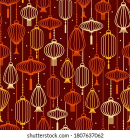 Paper lanterns outline silhouette in warm colors pattern. Vector seamless pattern design for textile, fashion, paper and wrapping. 