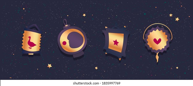 Paper lanterns set for Saint Martin Day. Use for kids lantern parade or Martinstag fest on November 11. Grainy textured background with stars and moon.