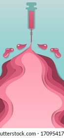 Paper layer art background of blood spill from syringe and needle with copy space for text and message.