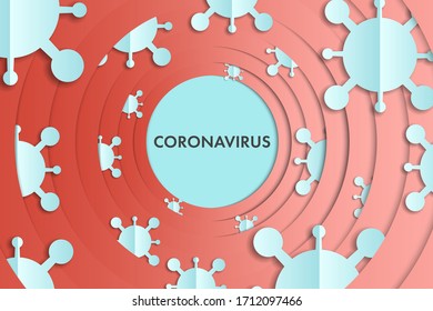 Paper layer art style of light blue coronavirus and red circle pattern background.