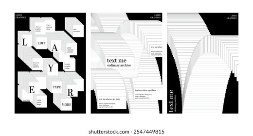 paper layer blend effect error window graphic design poster template set pile up layout a4 black white monochrome abstract square pattern concept trendy modern minimal style front cover flyer printing