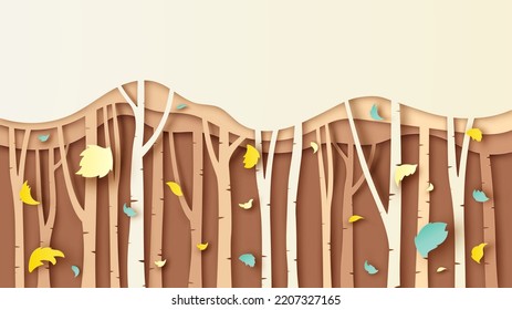 Paper Layer Cut Of Autumn Nature Forest With The Blowing Leaves. Autumn Forest. Paper Cut And Craft Style. Vector, Illustration.