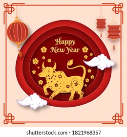 Paper Layer Cut Background with Golden Ox Zodiac Sign, Sakura Flowers, Clouds and Hanging Lanterns for Happy Chinese New Year.