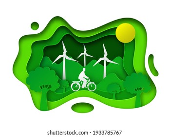 Paper Layer Cut Background With Trees, Man Riding Bicycle, Windmills And Sun Illustration For Renewable Energy Concept.