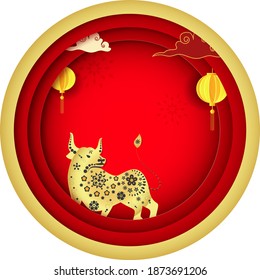 Paper Layer Cut Circle Background Decorated With Hanging Traditional Lanterns, Clouds And Golden Chinese Zodiac Ox Sign. 