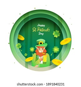 Paper Layer Cut Circle Background With Leprechaun Man Holding Beer Mug, Clover Leaves And Golden Coins For Happy St. Patrick's Day Celebration.