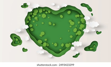 Paper layer cut of forest aerial view in heart shape. Heart shaped green forest. paper cut and craft style. vector, illustration.