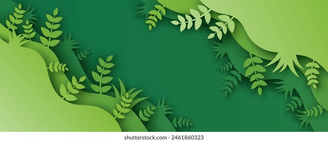 Paper layer cut of green leaf and forest. Nature background. paper cut and craft style. vector,illustration.