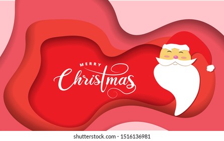 Paper layer cut greeting card design with cute santa claus, calligraphy for Merry Christmas celebration. Vector illustration.