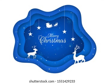 Paper layer cut greeting card design decorated with hanging stars, silhouette reindeer and santa riding on sleigh for Merry Christmas celebration concept.