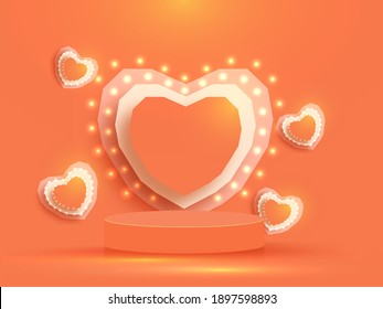 Paper Layer Cut Hearts Decorated With Lights On Orange Background For Valentine's Day Celebration.