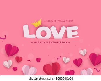 Paper Layer Cut Hearts With Love Text And Crown Illustration On Pink Background For Happy Valentine's Day.