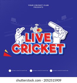 La Capa De Papel Corta El Texto Del Cricket En Vivo Con Un Bateador De Estilo Sticker, El Jugador Bowler Sobre El Fondo Del Estadio Azul.