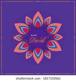 Capa de papel Cortar el fondo de Mandala o patrón Rangoli con fuente Diwali feliz.