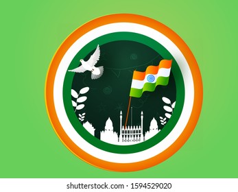 Paper Layer Cut Poster Design with India Famous Monuments, Pigeon and Wavy Indian Flag for Republic Day Celebration Concept.