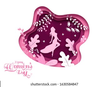 Paper Layer Cut Poster Design Decorated with Floral and Silhouette Female for Happy Women's Day Concept.