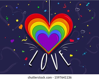 Capa de papel Cortar forma de corazón arcoiris colgar con texto de amor y decoración de confetti en fondo azul.
